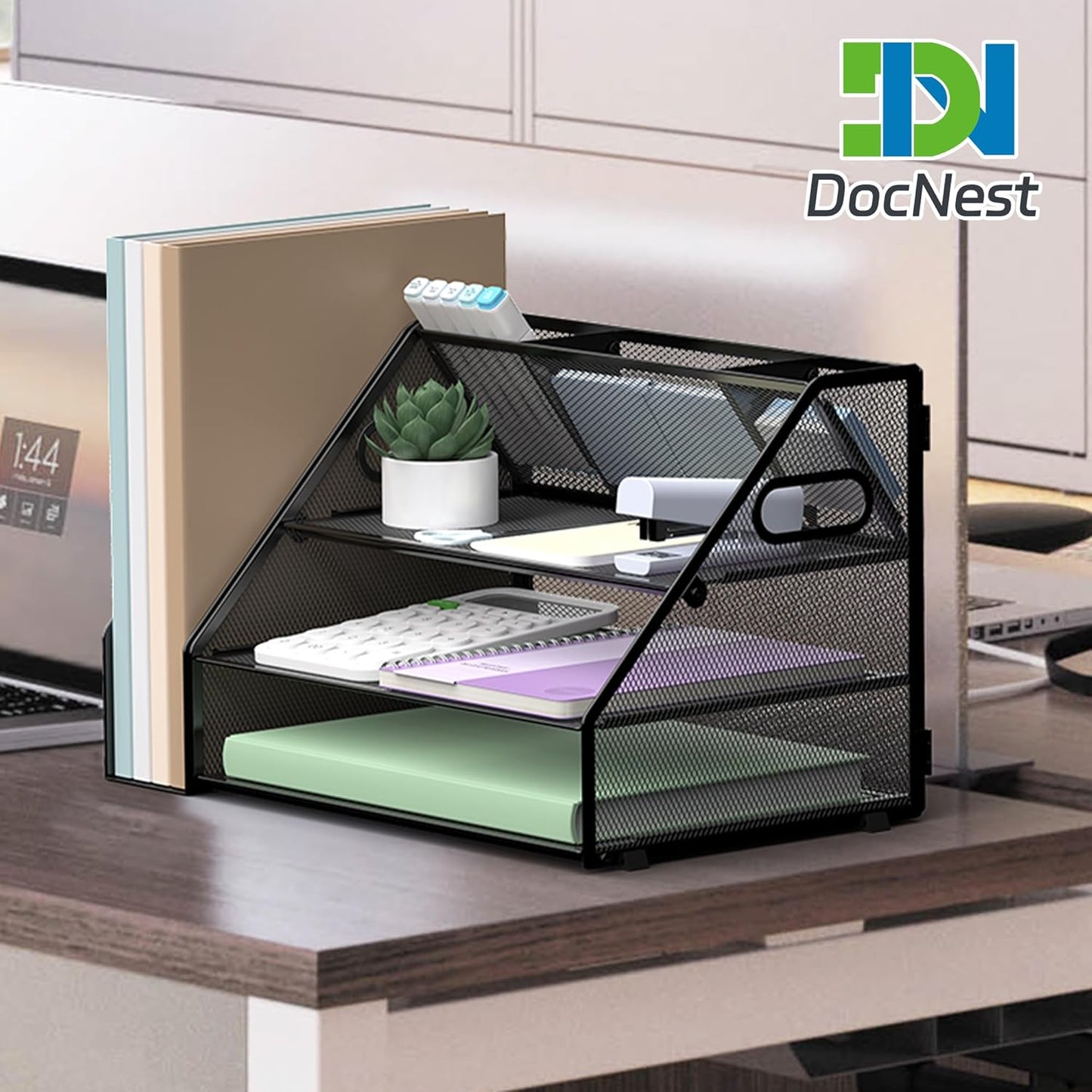 Docnest 5 Tier Letter Tray with Hanging File Organizer-Mesh Desk Organizer-Desktop Storage Box Built in Pen Holder and Handles, File Folder Holder for Mail Documents Office Supplies-Black