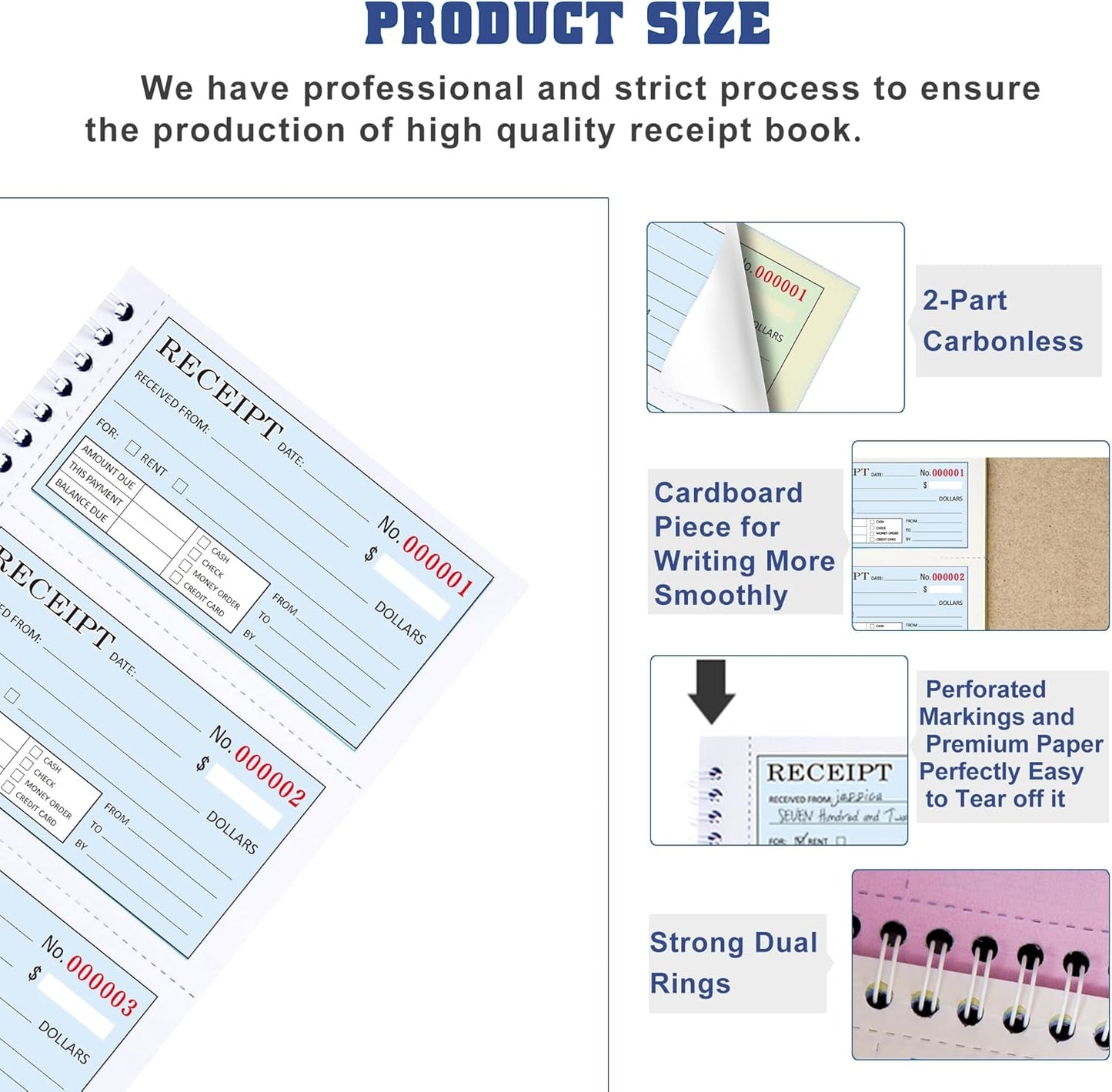 Zzrywuty Money and Rent Receipt Book with Cardboard Insert,2-Part Carbonless,5.3”x11.2” Spiral Bound,200 Sets per Book,4 Receipts per Page for Office Supplier,Rent and Cash Transaction