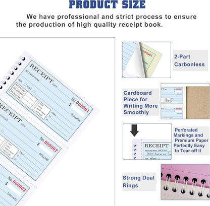 Zzrywuty Money and Rent Receipt Book with Cardboard Insert,2-Part Carbonless,5.3”x11.2” Spiral Bound,200 Sets per Book,4 Receipts per Page for Office Supplier,Rent and Cash Transaction