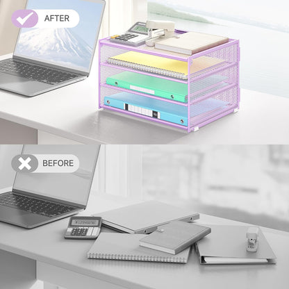 Lavatino 3-Tier Letter Tray Desk Organizer, Mesh Metal Paper File Tray Organizer for Desk, Office Supplies & Home Organization, Fits A4 Paper, Mail, Magazines & Office Accessories (Black with Handle)