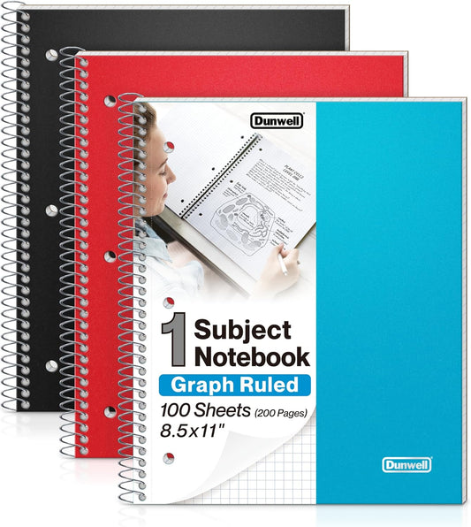 Dunwell Graph Paper Notebook 8.5 x 11 (Black) Plastic Cover, 100 Sheets (200 Pages), 4x4 Squares, 1 Subject Graph Paper Spiral Notebook, 1/4" Grid, Pocket Divider, Easy Tear-Off, 3-Hole Punched