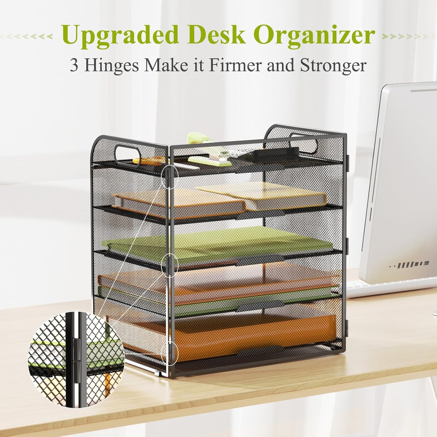 VIEERINN 5 Tier Paper Letter Tray Organizer with Handles, Mesh Desk File Organizer Metal Paper Sorter Holder, Desktop Document Shelf Tray Storage Organization for Office School Home