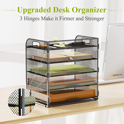 VIEERINN 5 Tier Paper Letter Tray Organizer with Handles, Mesh Desk File Organizer Metal Paper Sorter Holder, Desktop Document Shelf Tray Storage Organization for Office School Home