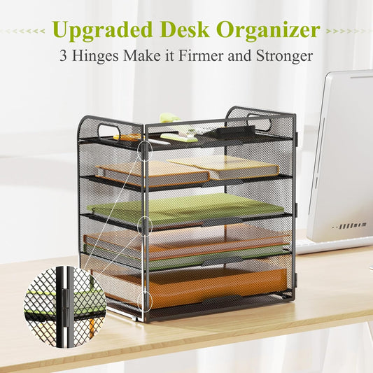 VIEERINN 5 Tier Paper Letter Tray Organizer with Handles, Mesh Desk File Organizer Metal Paper Sorter Holder, Desktop Document Shelf Tray Storage Organization for Office School Home
