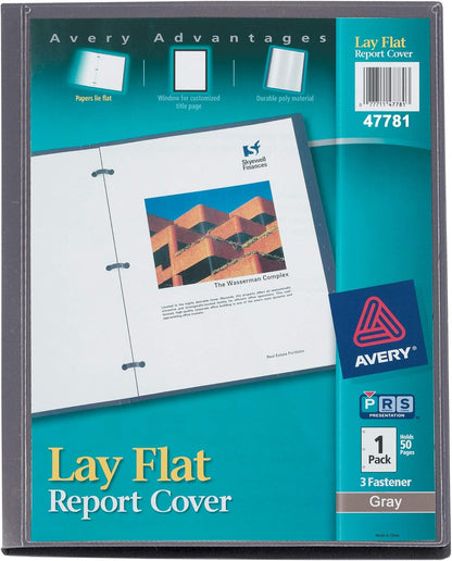 Avery Lay Flat Report Cover with 3 Plastic Fasteners, Clear Front Window, Holds up to 50 Sheets, 1 Gray Cover (47781)