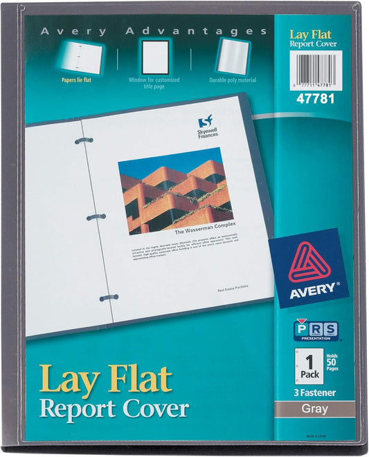 Avery Lay Flat Report Cover with 3 Plastic Fasteners, Clear Front Window, Holds up to 50 Sheets, 1 Gray Cover (47781)