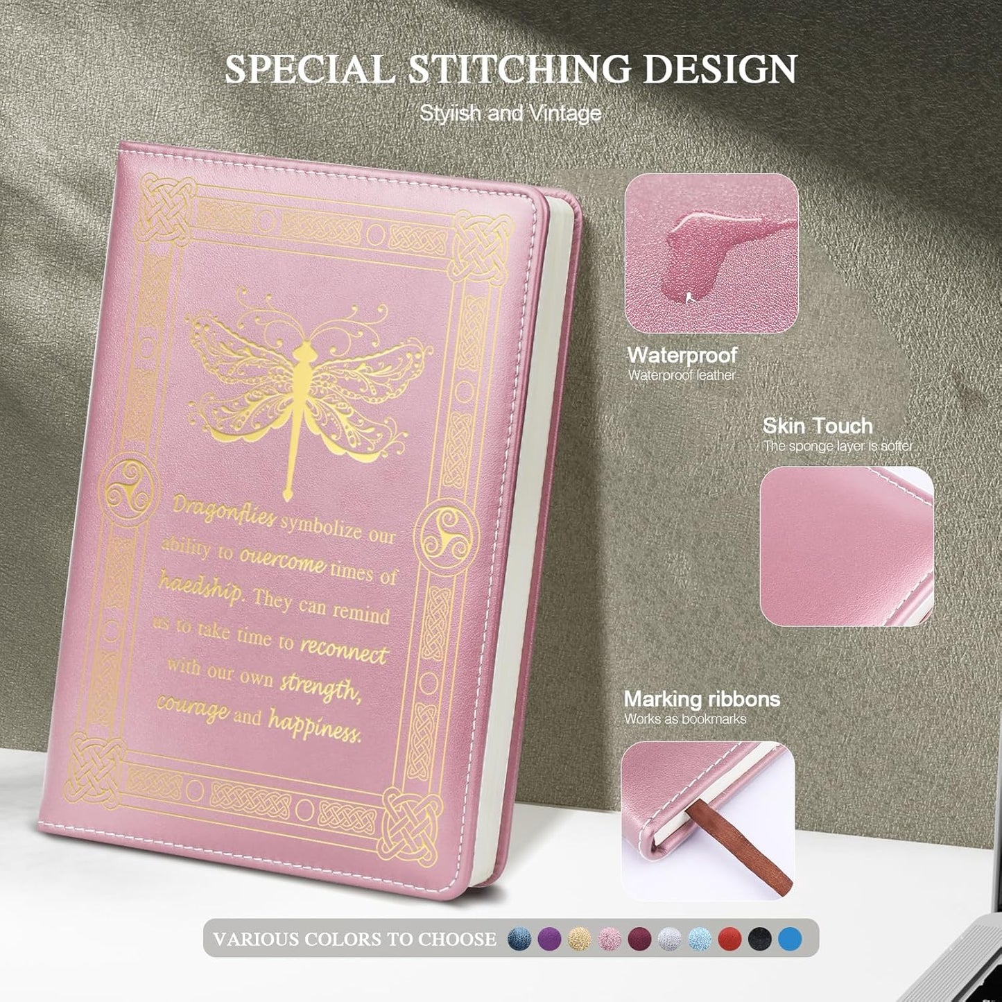 Dragonfly Gifts for Women,Journal for Women,A5 Hardcover Leather Journal - 200 Pages Premium Paper Notebook, Journal Notebook for School, Work (Dragonfly Pink)