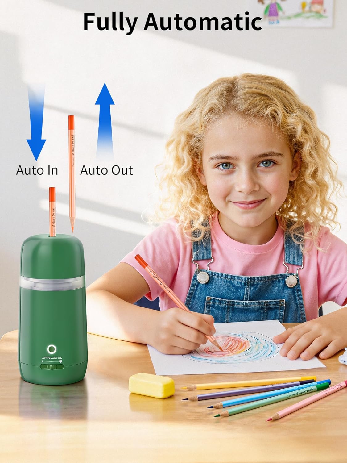 JARLINK Automatic Electric Pencil Sharpener - Hands-Free Operation, 3 Sharpness Modes, 3-Second Sharpening, Rechargeable & Portable for 7-12mm Pencils, Ideal for Classroom and Home Use (Black)