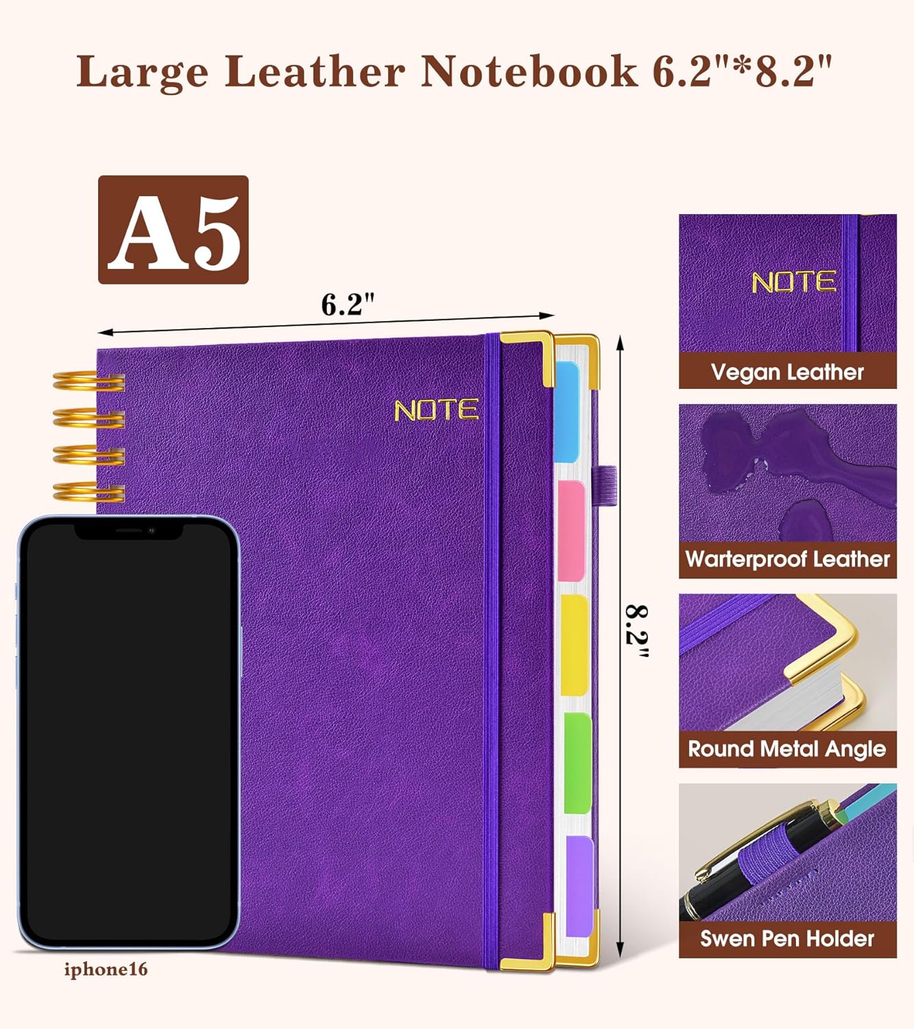 Hardcover Large Spiral Notebook 8.5" x 11" with Removable Dividers Tabs, 300 pages Leather 5 Subject Notebook College Ruled, A4 Journal for Women Men, Notebooks for Work School Note taking,Black