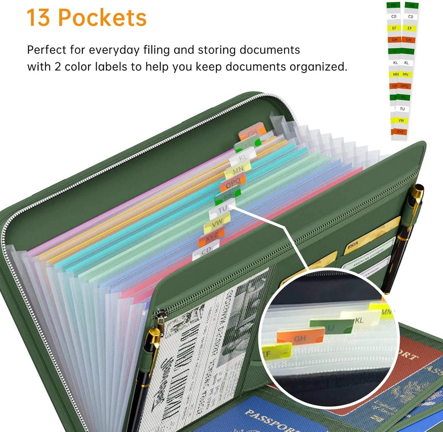 Tamfile Fireproof Accordion File Organizer with Handle, 13 Pocket Transparent Expanding File Folder with Zipper & Labels, File Folder with Multi-Pockets Paper Organizer Folder for Letter A4 Files