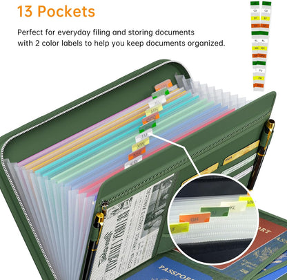 Tamfile Fireproof Accordion File Organizer with Handle, 13 Pocket Transparent Expanding File Folder with Zipper & Labels, File Folder with Multi-Pockets Paper Organizer Folder for Letter A4 Files