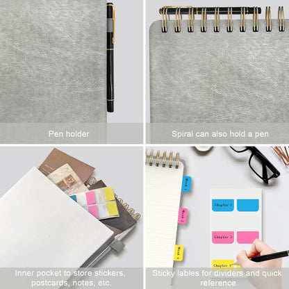 A5 Top Spiral Notebook, Large Leather Hardcover Top Bound Steno Pads, 240 Pages 100 gsm Thick Lined Paper Left Handed Notebook Journal for Work, School, Meeting Writing - Brown, 5.9" x 8.5"