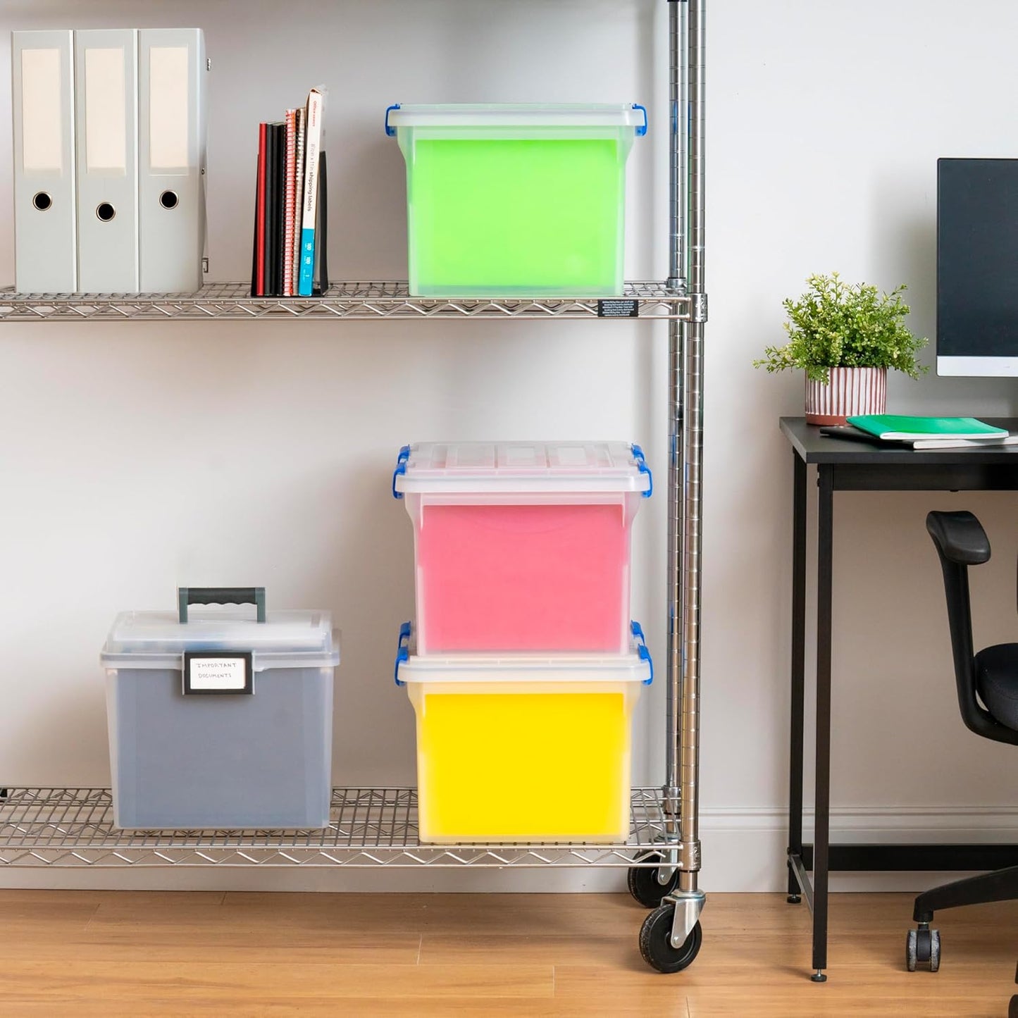 IRIS USA File Box, File Organizer w/Hinged Split Lid for Letter File, Important Document Box, Plastic Storage Filing Bin for Moving, Stackable Nestable Portable, Pearl 44 Qt. 4 Pack