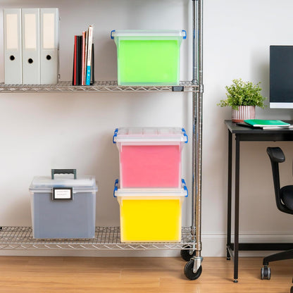 IRIS USA File Box, File Organizer w/Hinged Split Lid for Letter File, Important Document Box, Plastic Storage Filing Bin for Moving, Stackable Nestable Portable, Pearl 44 Qt. 4 Pack