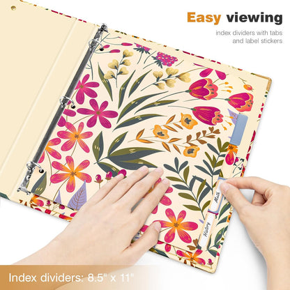 Ospelelf Binder 3 Ring 1 Inch, Floral Round Ring Clipboard Binder for Letter Size with 5 Tab Dividers, File Folder Labels, for School and Office Supplies