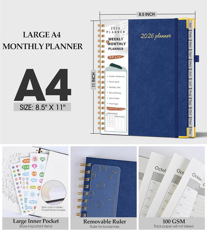 2026 Planner, Weekly and Monthly Calendar Planner from January 2026 - December 2026, 8.5" x 11" Hardcover Leather Hourly Appointment Book with Tabs, Spiral Daily Planners for School Work Home, Green