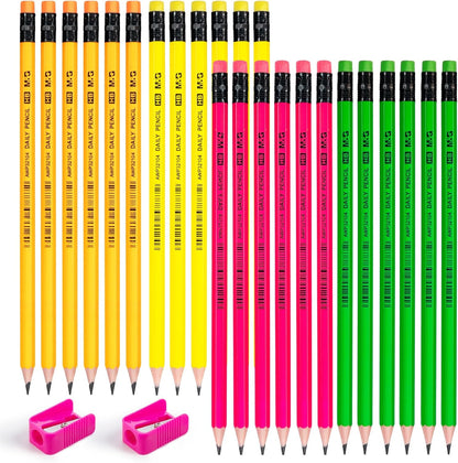 M&G Daily Series 24 Pack HB Pencils, Pre-Sharpened Hexagonal Wood-Cased Pencils with Erasers, 4 Color Barrels, Includes 2 Mini Sharpeners for Writing Drawing and School Office Supplies