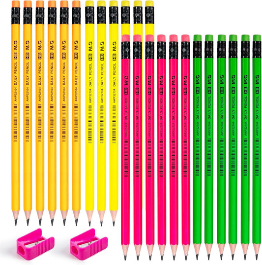 M&G Daily Series 24 Pack HB Pencils, Pre-Sharpened Hexagonal Wood-Cased Pencils with Erasers, 4 Color Barrels, Includes 2 Mini Sharpeners for Writing Drawing and School Office Supplies