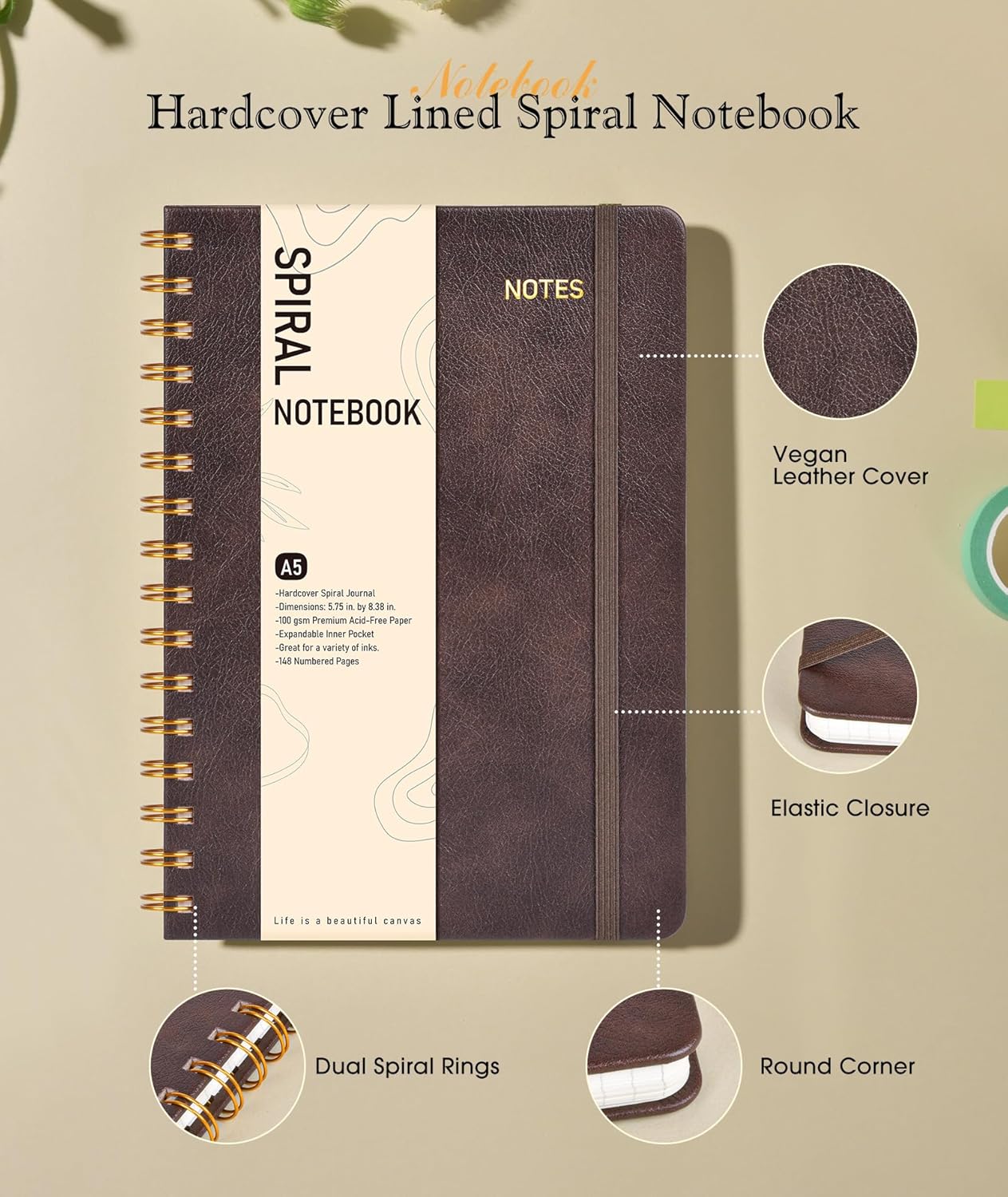 Lined Spiral Journal Notebook, A5 Hardcover Spiral Journals for Women Men, 150 Numbered Pages Spiral Bound Notebook, 100 GSM College Ruled Notebooks for Work, Note Taking 5.75" x 8.38", Olive Green