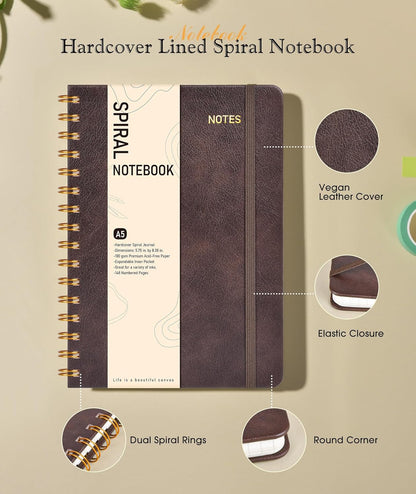 Lined Spiral Journal Notebook, A5 Hardcover Spiral Journals for Women Men, 150 Numbered Pages Spiral Bound Notebook, 100 GSM College Ruled Notebooks for Work, Note Taking 5.75" x 8.38", Olive Green