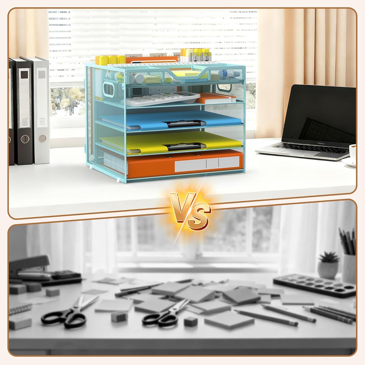 Docnest 5 Tier Letter Tray with Hanging File Organizer-Mesh Desk Organizer-Desktop Storage Box Built in Pen Holder and Handles, File Folder Holder for Mail Documents Office Supplies-Black