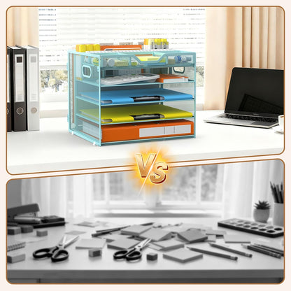 Docnest 5 Tier Letter Tray with Hanging File Organizer-Mesh Desk Organizer-Desktop Storage Box Built in Pen Holder and Handles, File Folder Holder for Mail Documents Office Supplies-Black