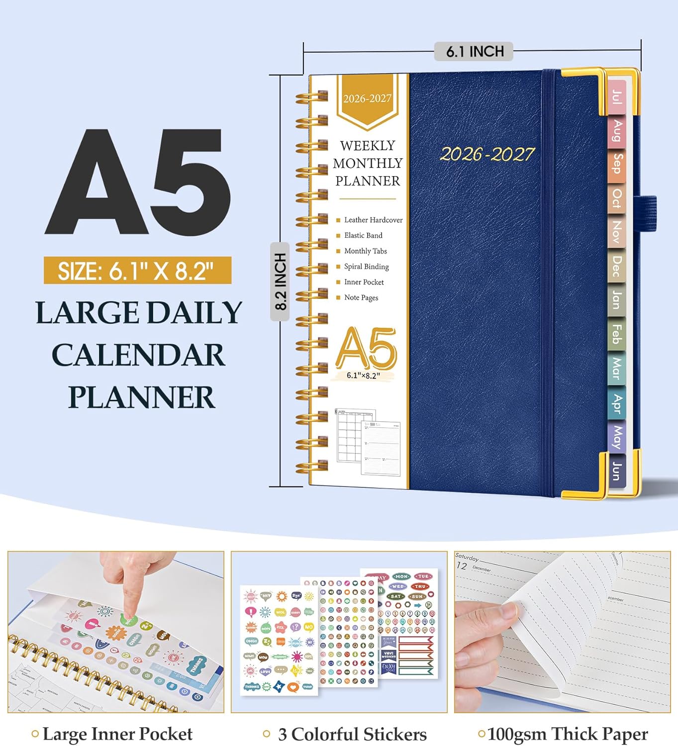 2026 Planner, Weekly and Monthly Calendar Planner from January 2026 - December 2026, 8.5" x 11" Hardcover Leather Hourly Appointment Book with Tabs, Spiral Daily Planners for School Work Home, Green
