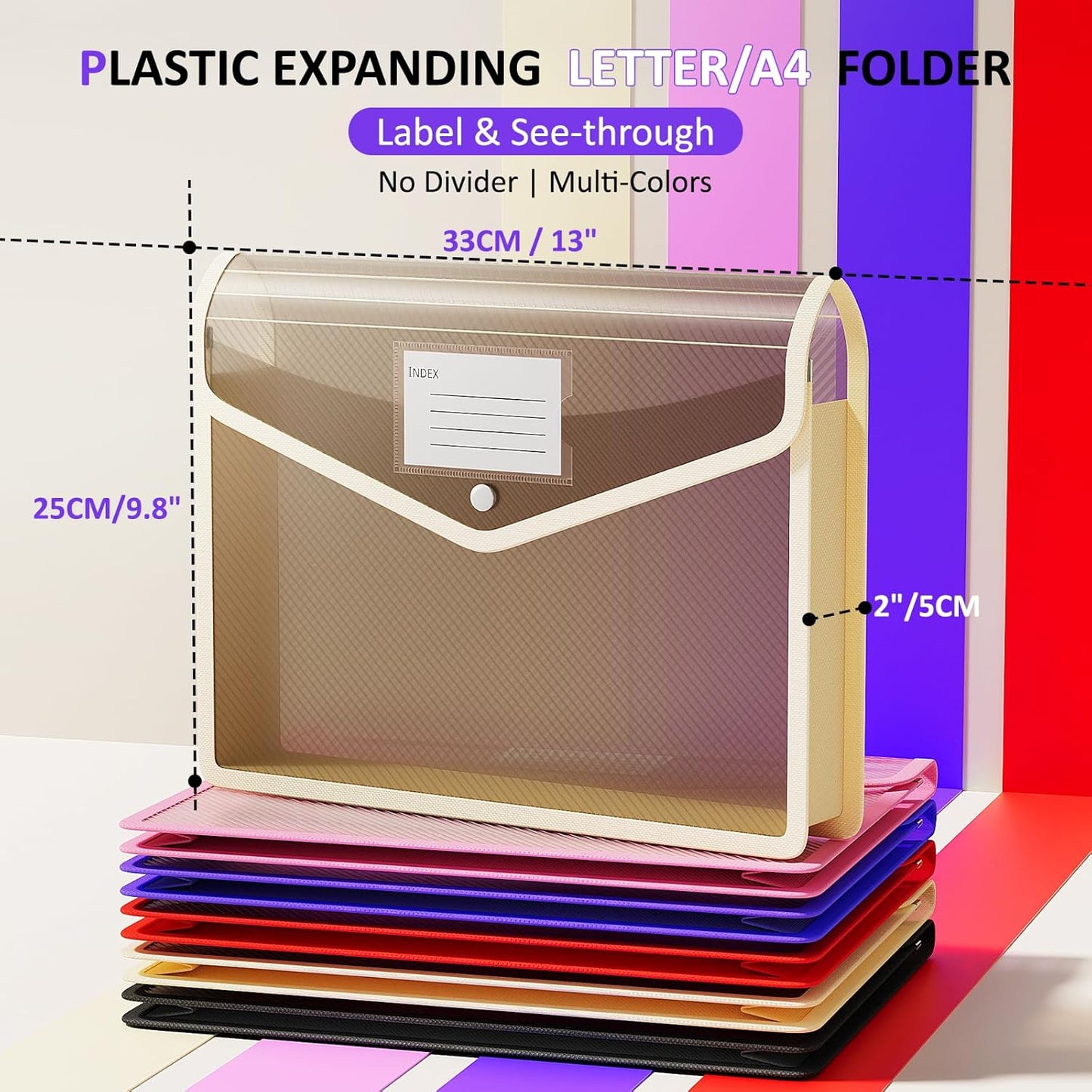 ThinkTex Plastic Expanding File Folder, Transparent Envelopes with Snap Closure, No Dividers, Large Capacity, Assorted Colors, Fits Letter / A4 Size - 5 Pack
