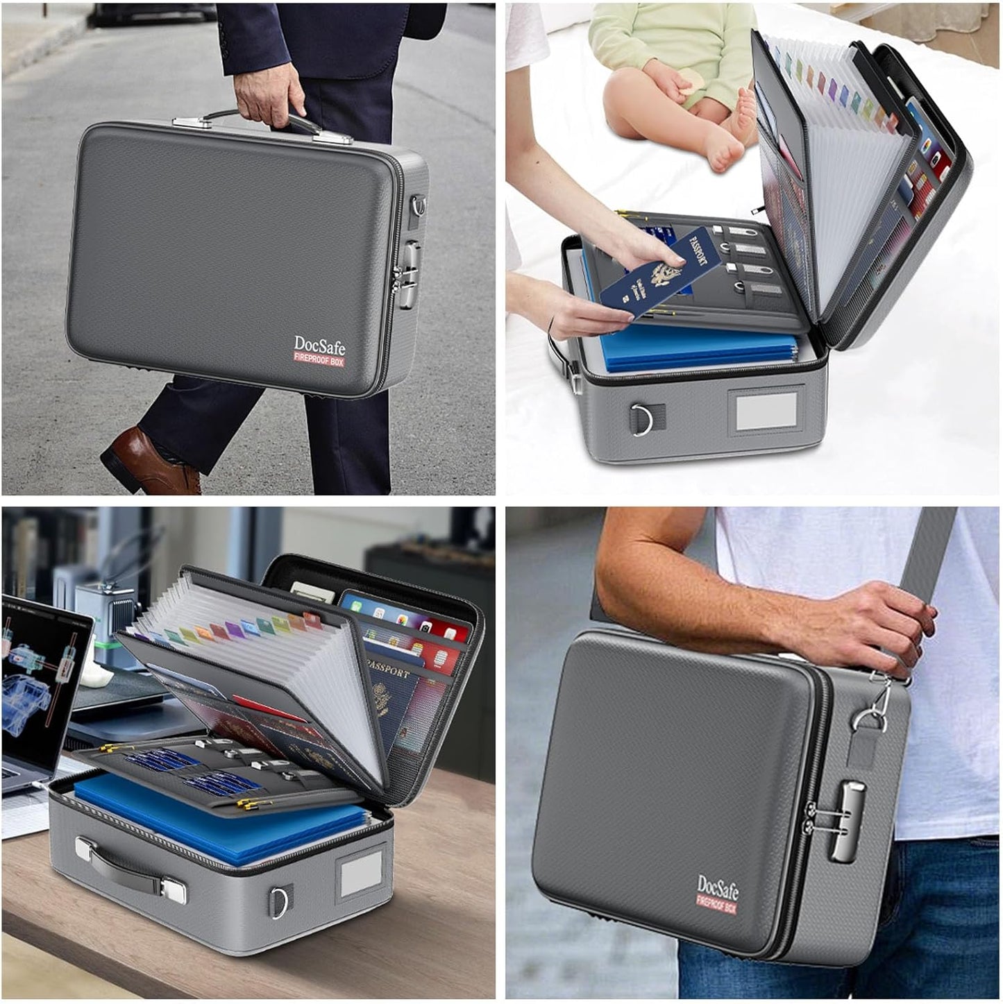 DocSafe Fireproof File Organizer with Lock, Hard-Shell Case Fireproof Document Box with 13 Pocket Accordion File Folder, Portable Home Office Travel Safe Storage for Important Documents Laptop Black