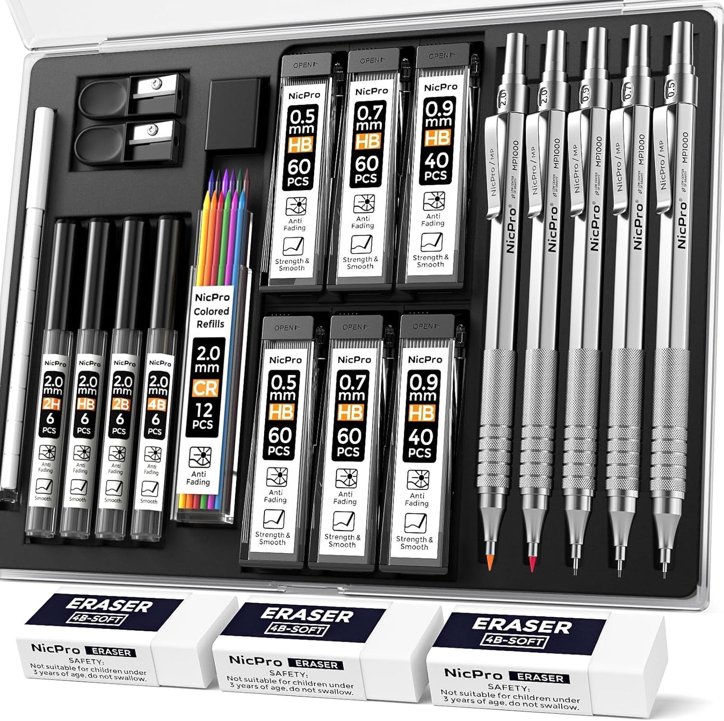 Nicpro Black Art Mechanical Pencil Set, 5PCS Metal Drafting Pencils 0.3, 0.5, 0.7, 0.9 mm & 2mm Graphite Lead Holder For Sketching Drawing With 9 Tubes (4B 2B HB 2H Colors) Lead Refills Erasers Case