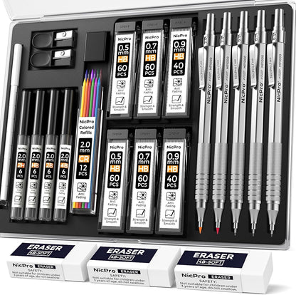 Nicpro Black Art Mechanical Pencil Set, 5PCS Metal Drafting Pencils 0.3, 0.5, 0.7, 0.9 mm & 2mm Graphite Lead Holder For Sketching Drawing With 9 Tubes (4B 2B HB 2H Colors) Lead Refills Erasers Case
