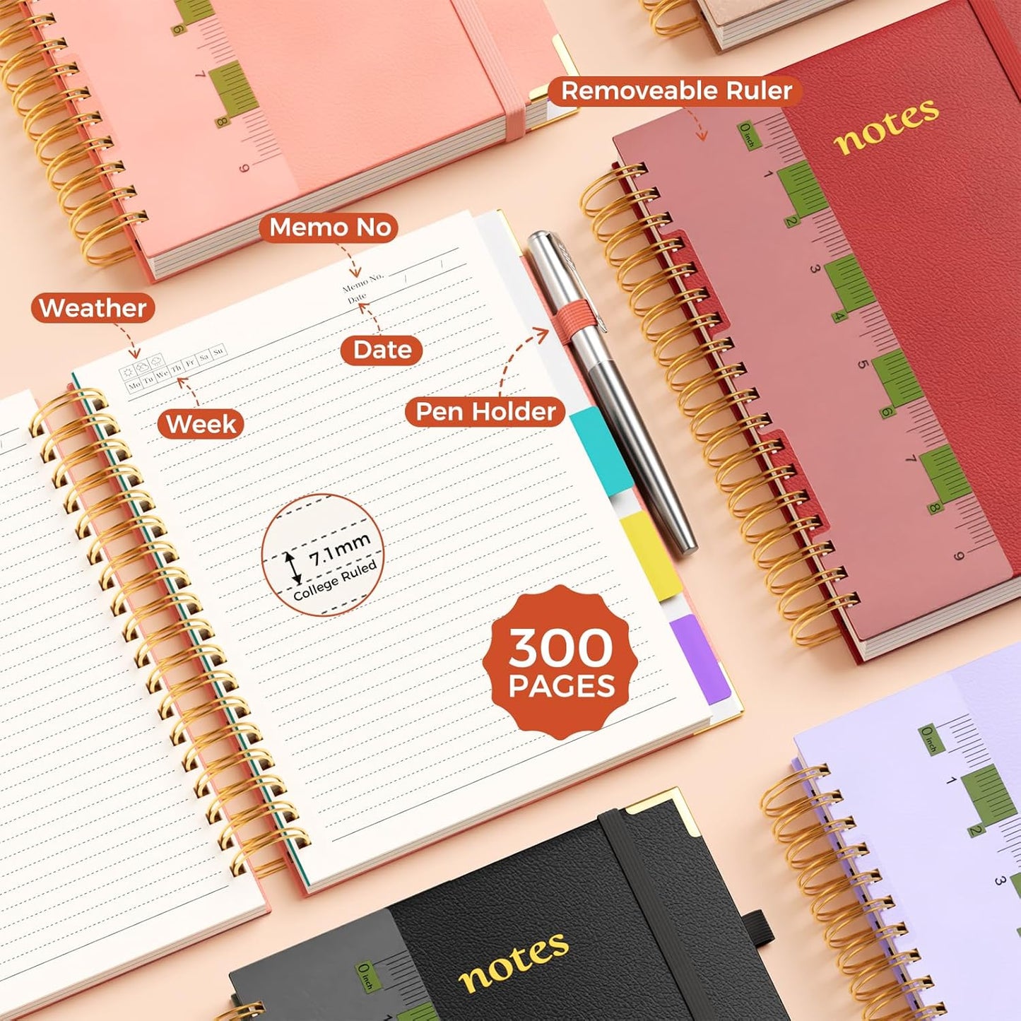 Line Hardcover Spiral Notebook with Removable Dividers Tabs & Ruler, 5 Subject Notebook College Ruled, 300 Page, Large 8"x10" B5 Notebooks for Work School, Lined Journal for Women & Men, Purple