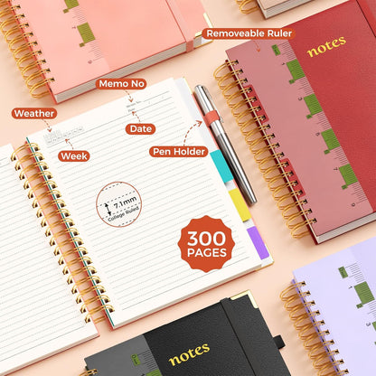 Line Hardcover Spiral Notebook with Removable Dividers Tabs & Ruler, 5 Subject Notebook College Ruled, 300 Page, Large 8"x10" B5 Notebooks for Work School, Lined Journal for Women & Men, Purple