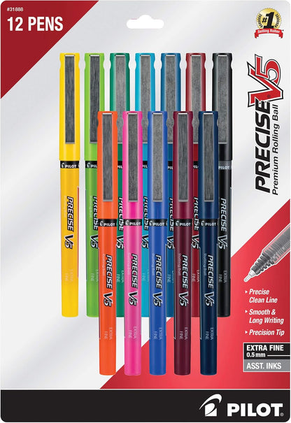PILOT Precise V5 Stick Liquid Ink Rolling Ball Stick Pens, Extra Fine Point (0.5mm) Assorted Ink Colors, 12-Pack (31888)