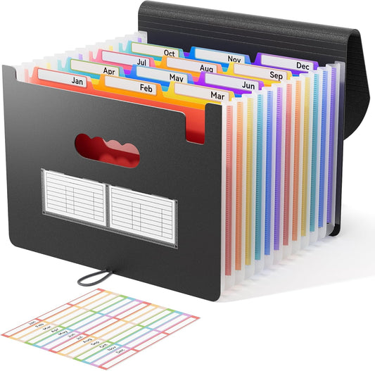 ThinkTex Expanding File Folder 12 Pockets Accordion File Organizer/Portable Expandable Plastic Filing Box, Accordion Bill/Paper/Document/Receipt Organizer Folders with Colored Tabs(A4/Letter Size)