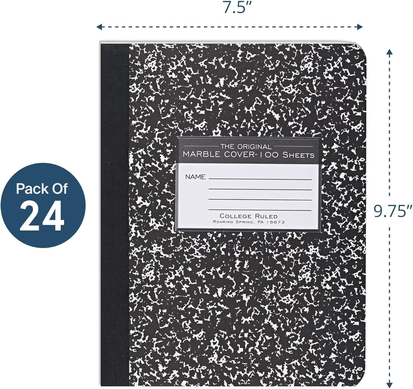 ROARING SPRING Hard Cover Composition Notebook, 4 Pack, Blue Marble Comp Book, 9.75″ x 7.5″, Unruled Blank Paper, 100 Sheets (200 Pages), Made in USA