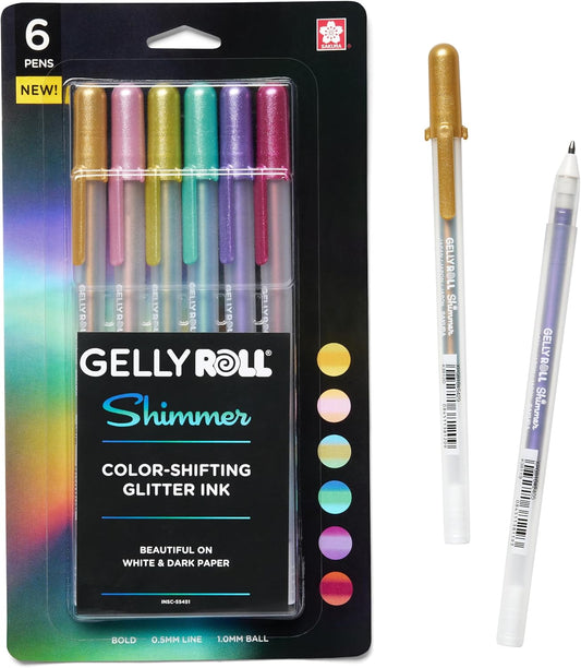 SAKURA Gelly Roll Shimmer - Shimmer Gel Ink Pen for Scrapbooking, Note Decorating & DIY Craft Pen Projects - Color-Shift Gel Ink - Bold Tip Size - Multidimensional Shades - Assorted Colors - 6 Count