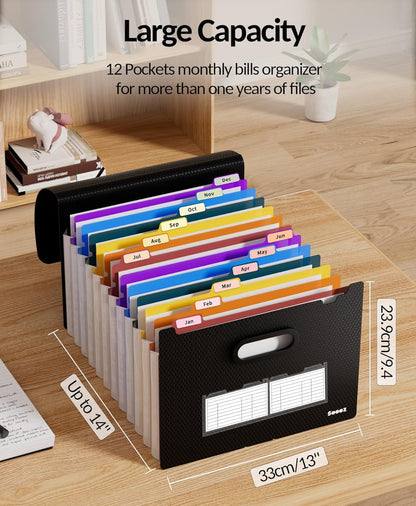 Sooez Upgraded Accordion File Organizer, Expanding File Folder with Deeper 12 Pockets - Never Cover Up Index Tabs, Monthly Bill Paper Receipt Document Organizer, Letter A4 Size for Home Office School