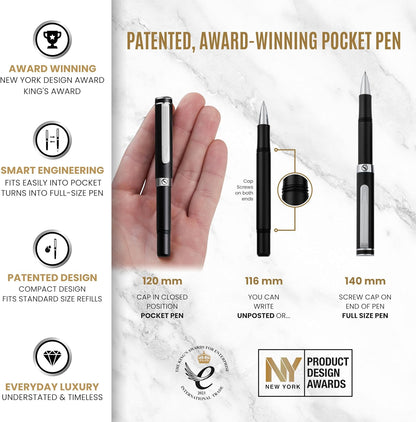 Scriveiner Black Rollerball EDC Luxury Pen, Stunning Pocket Pen with Chrome Finish, Cool Writing, Best Gift for Men & Women, German Schmidt Refill, Nice Present, Fancy Office Designer Set