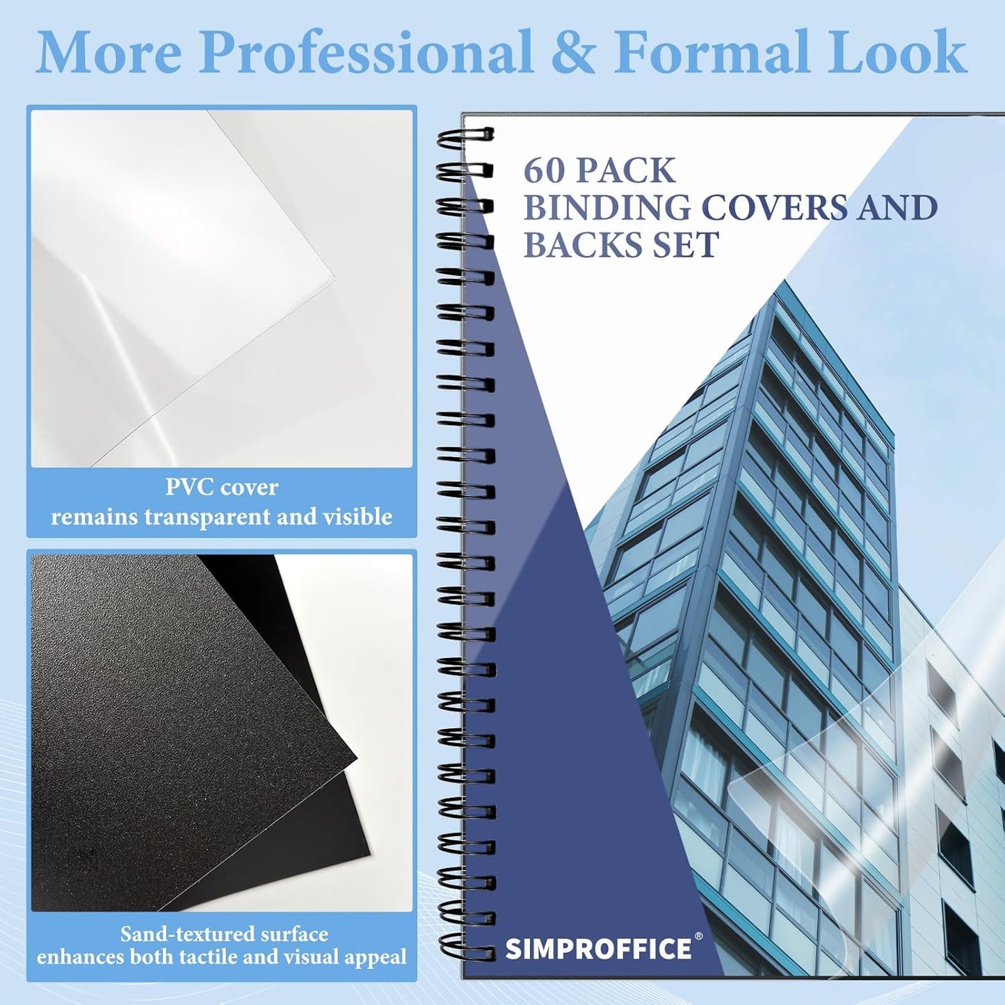 60 Pack Binding Covers and Backs Set, 8.5 x 11 Inches, 30P Clear PVC Covers (8 Mil), 30P Black Sand-Textured Polycovers (12 Mil)，Presentation Covers for Binding, Letter Size