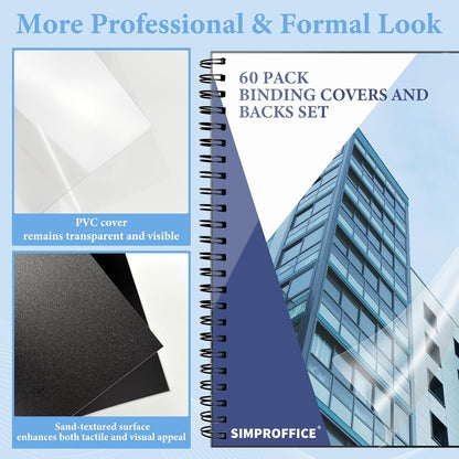 60 Pack Binding Covers and Backs Set, 8.5 x 11 Inches, 30P Clear PVC Covers (8 Mil), 30P Black Sand-Textured Polycovers (12 Mil)，Presentation Covers for Binding, Letter Size