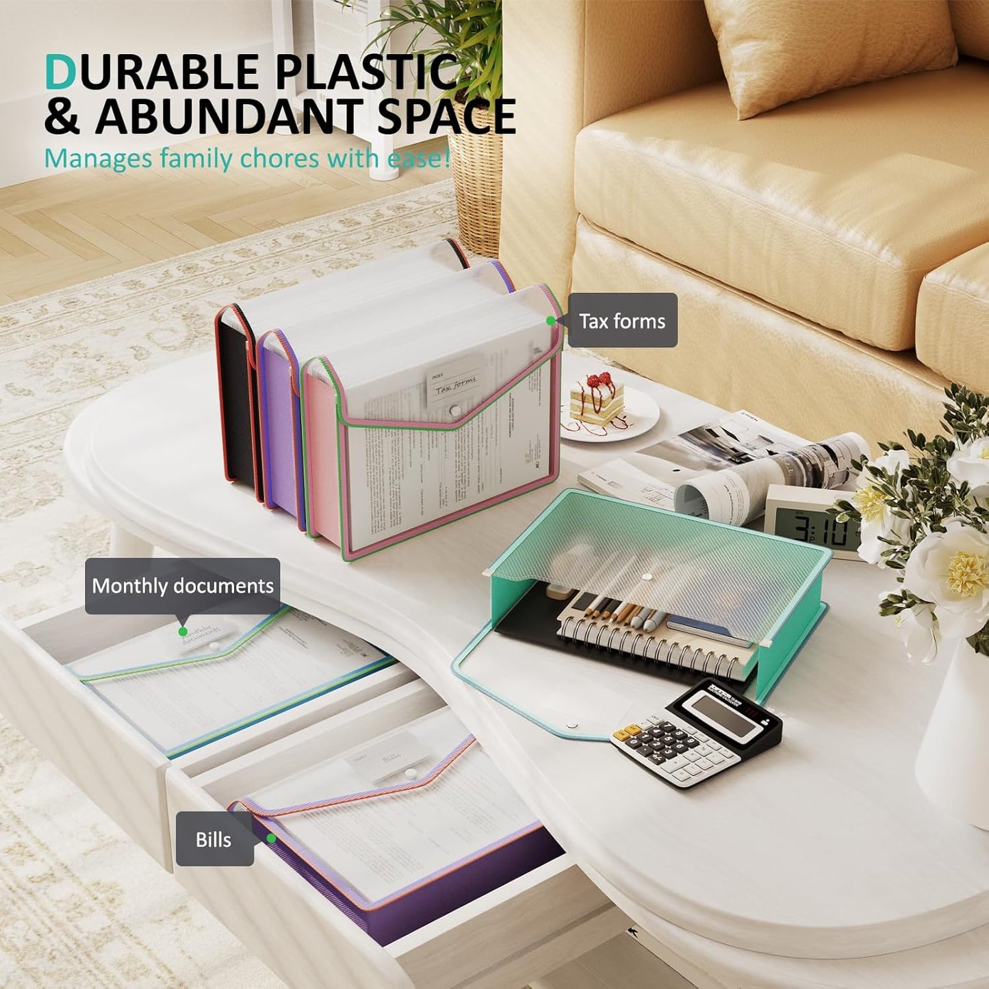 ThinkTex Plastic Expanding File Folder, Transparent Envelopes with Snap Closure, No Dividers, Large Capacity, Assorted Colors, Fits Letter / A4 Size - 5 Pack