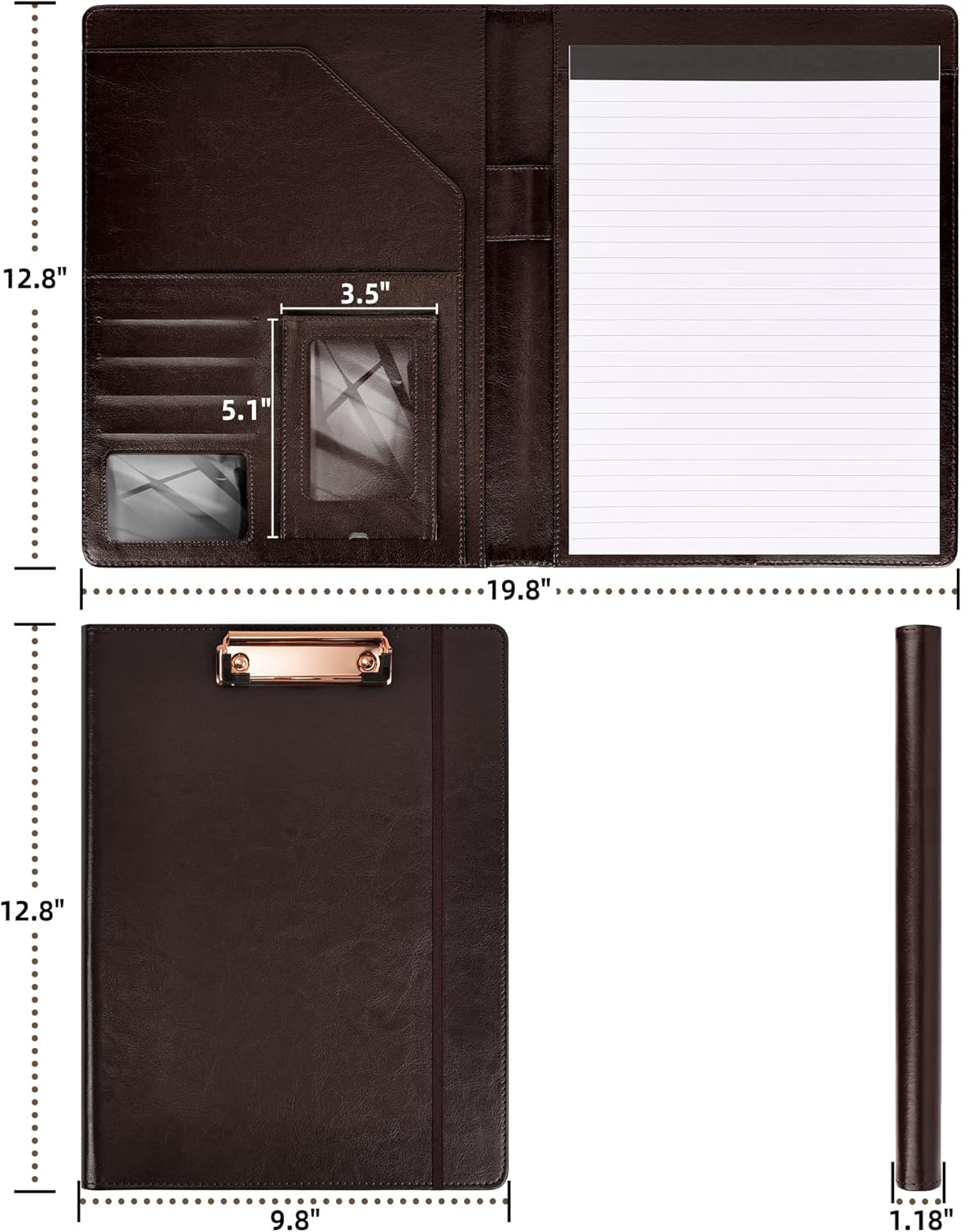 Clipboard Folio Folder Portfolio with Notepad-Pocket Business Card Holder Brown Faux PU Leather Portfolio