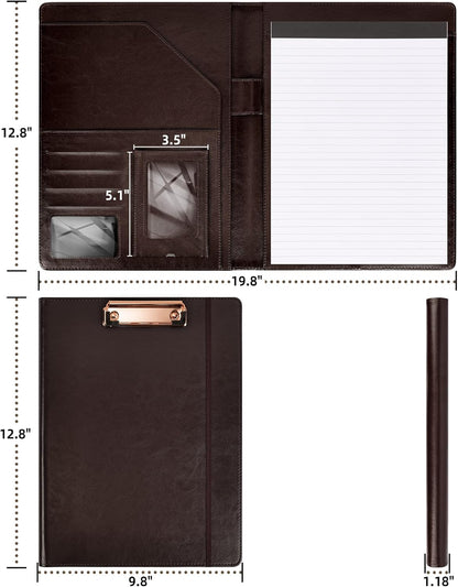 Clipboard Folio Folder Portfolio with Notepad-Pocket Business Card Holder Brown Faux PU Leather Portfolio