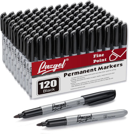 LAZGOL Permanent Markers Bulk, 120 Pack Fine Tip Black Permanent Markers, Waterproof Markers, Premium Smear Proof Pens, Quick Drying, Office Supplies for School, Office, Home