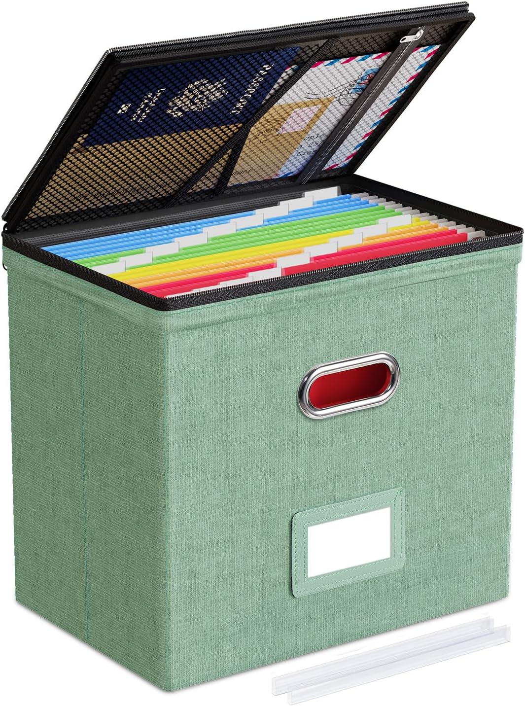 Oterri 2 Pack File Organizer Boxes with Lids, File Box with Mesh Pockets, Document Organizer Box for File Folders Letter Size, Zippers Filing Box for Home, Office, School (Green, Without Folders)