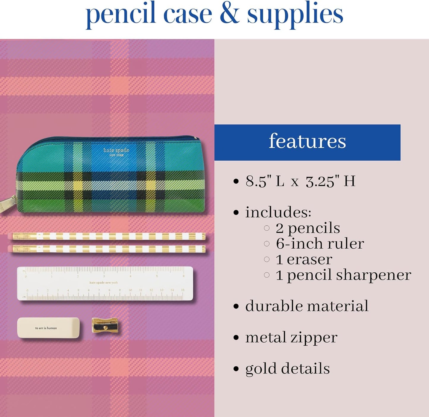 kate spade new york Pen and Pencil Case with Office Supplies, Zip Pouch Includes 2 Pencils, Sharpener, Eraser, and Ruler, Polka Dots (black/white)