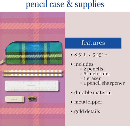 kate spade new york Pen and Pencil Case with Office Supplies, Zip Pouch Includes 2 Pencils, Sharpener, Eraser, and Ruler, Polka Dots (black/white)