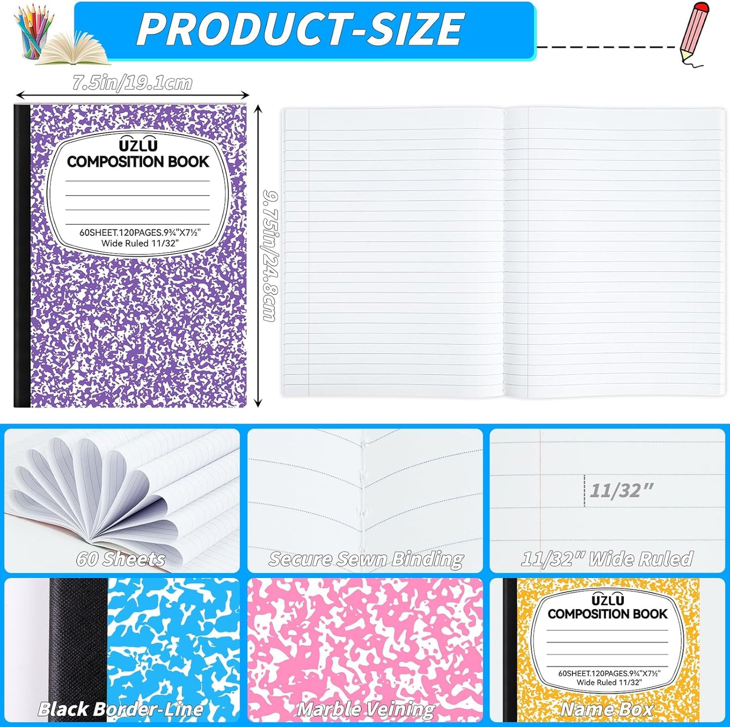 24 Pack 9.75 x 7.5 in Large Composition Notebooks Bulk 12 Color Wide Ruled Composition Books Marble Journal Notebook 60 Sheets per Book for Aldult Student College Office Back to School Supplies