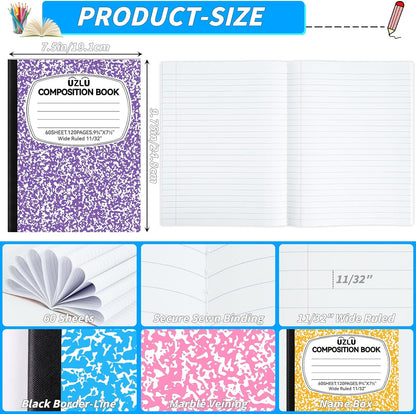24 Pack 9.75 x 7.5 in Large Composition Notebooks Bulk 12 Color Wide Ruled Composition Books Marble Journal Notebook 60 Sheets per Book for Aldult Student College Office Back to School Supplies